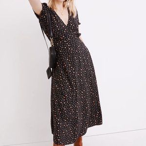 Madewell Puff-Sleeve Faux-Wrap Midi Dress in Stem Scatter